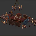 Rustic Furniture Set With Wooden Table Chairs Chandelier Vases And Candles