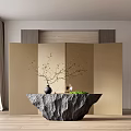 Modern Console Table With Stone Top And Decorative Plant Against Gold Panel