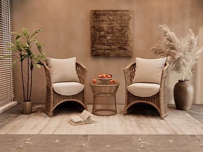 Rattan Leisure Chairs With Beige Cushions Small Round Table Fruit Decorative Painting And Plants 3d model