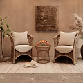 Rattan Leisure Chairs With Beige Cushions Small Round Table Fruit Decorative Painting And Plants