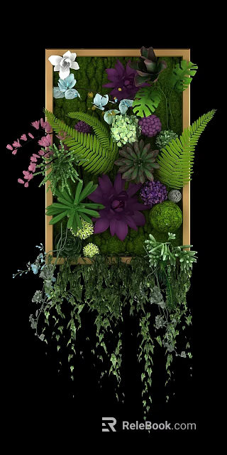 Decorative Floral Installation With Mixed Ferns Succulents Purple Flowers Green Moss And Hanging Vines 3d model 