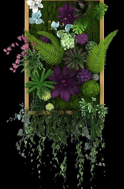 Decorative Floral Installation With Mixed Ferns Succulents Purple Flowers Green Moss And Hanging Vines 3d model