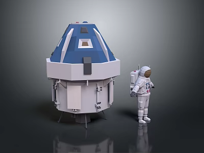 Astronaut in White Suit Standing Next to Blue and White Space Capsule 3d model