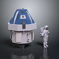 Astronaut in White Suit Standing Next to Blue and White Space Capsule