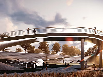 Modern Curved Pedestrian Bridge With Pedestrians Trees And Sunset Sky Scenery 3d model