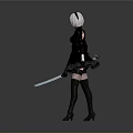 Woman in black lace dress with short white hair holding blue sword wearing long boots