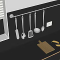 Hanging Stainless Steel Kitchen Utensils With Metal Rod And Wooden Cutting Board