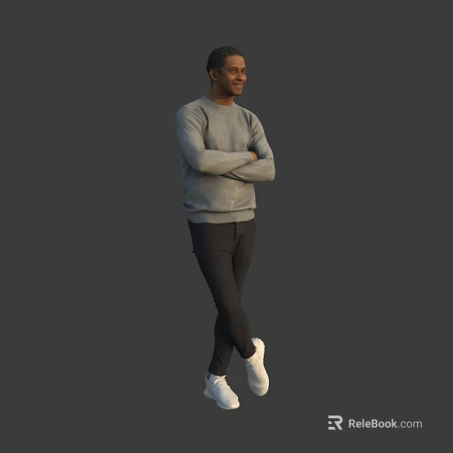 Man In Gray Sweater Black Pants White Shoes Standing With Crossed Arms On Gray Background 3d model 