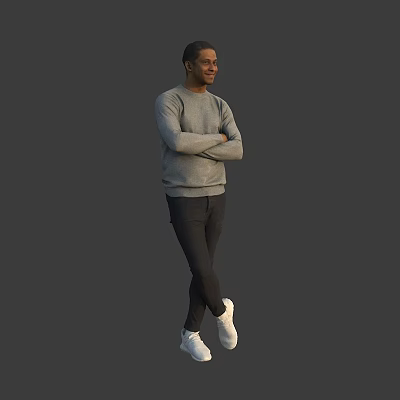 Man In Gray Sweater Black Pants White Shoes Standing With Crossed Arms On Gray Background 3d model