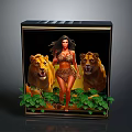 Black Decorative Cabinet With Female Figure Lions And Green Leaves Design
