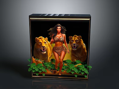 Black Decorative Cabinet With Female Figure Lions And Green Leaves Design 3d model