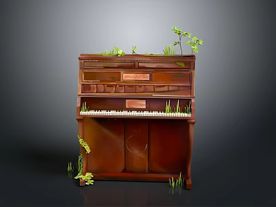 Vintage Wooden Piano With Green Plants Growing On Top And Around 3d model