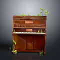Vintage Wooden Piano With Green Plants Growing On Top And Around
