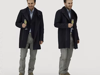 Men Wearing Black Coat Gray Pants And Brown Shoes Holding Champagne Glass 3d model