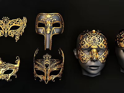 Exquisite Ornate Golden Jewelry Masks With Various Designs And Head Decorations 3d model