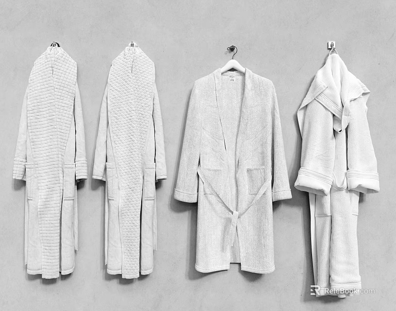 Four Cozy White Bathrobes Hanging On Hooks Against Grey Wall 3d model 