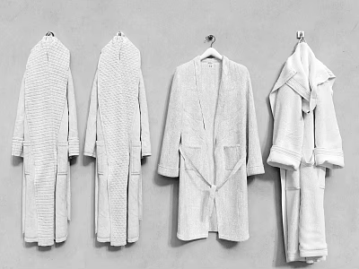 Four Cozy White Bathrobes Hanging On Hooks Against Grey Wall 3d model