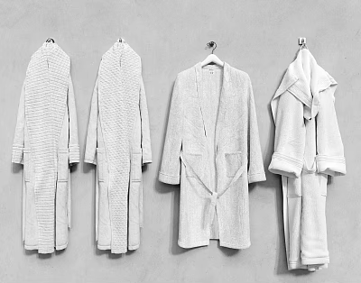 Four Cozy White Bathrobes Hanging On Hooks Against Grey Wall 3d model