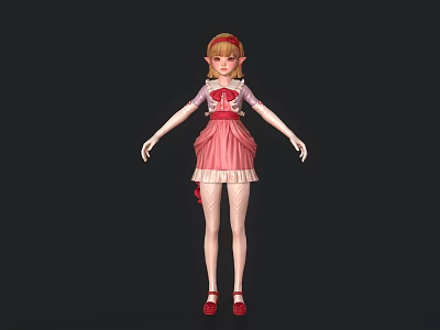 Woman with elf ears in pink dress blonde hair and red shoes against dark background 3d model