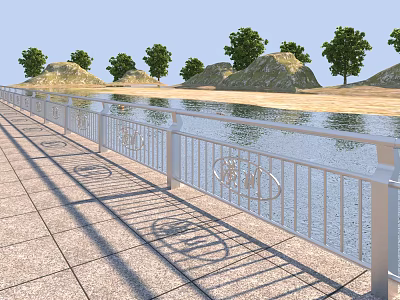 Decorative Metal Fence Along Waterfront With Stone Pavement Hills And Trees 3d model