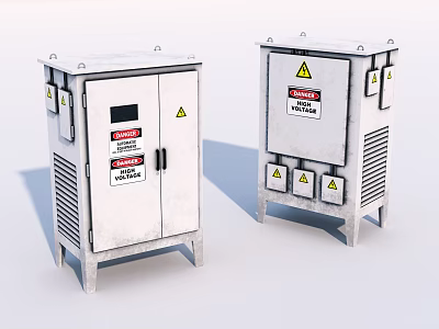 Industrial Control Cabinets Featuring Metal Enclosures Warning Labels Double Doors Ventilation Grilles And Bracketed Bases 3d model