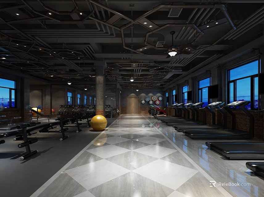 Modern Fitness Gym Interior With Spacious Layout Large Windows Treadmills And Exercise Balls 3d model 