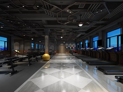 Modern Fitness Gym Interior With Spacious Layout Large Windows Treadmills And Exercise Balls 3d model