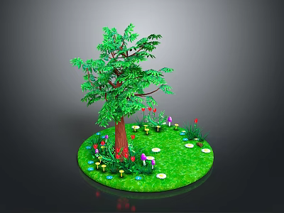 Lush Green Tree On Round Grassy Landscape With Red Purple Yellow Flowers And White Decorations 3d model