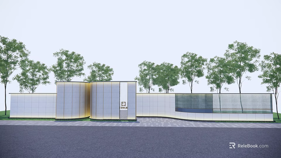Modern Scenic Wall Design With Metal Panels Glass Elements And Surrounding Trees 3d model 
