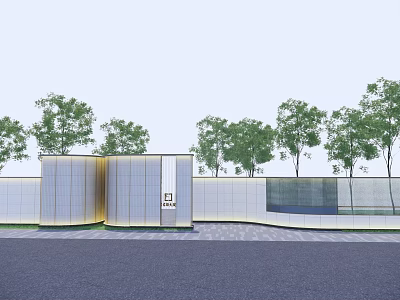 Modern Scenic Wall Design With Metal Panels Glass Elements And Surrounding Trees 3d model