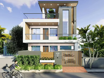 Modern Two Story Detached Villa With Balcony Green Plants And Entrance 3d model