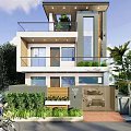 Modern Two Story Detached Villa With Balcony Green Plants And Entrance