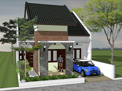 Beautiful Detached Villa With Black Tiled Roof Brown White Exterior Blue Car Lawn And Trees 3d model