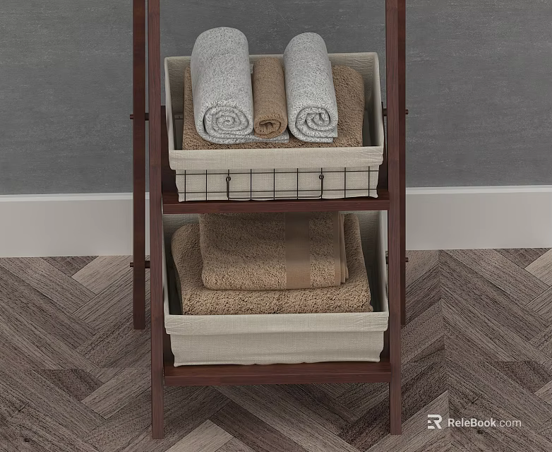 Rolled and Folded Gray Brown Towels in Baskets on Wooden Shelf with Herringbone Floor 3d model 