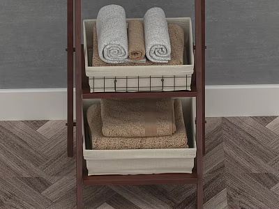 Rolled and Folded Gray Brown Towels in Baskets on Wooden Shelf with Herringbone Floor 3d model