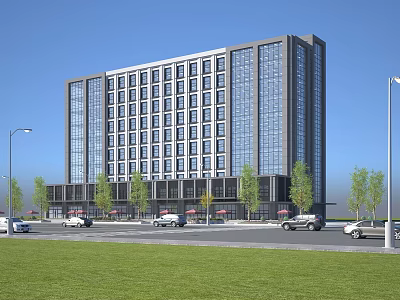 Modern High Rise Office Building With Glass Curtain Wall Trees And Green Lawn 3d model