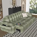 Green Velvet Sectional Sofa With White Cushion And Floral Screen In Living Room