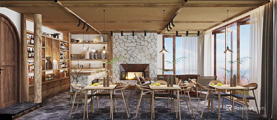 Elegant Rustic Hotel Lobby Interior With Stone Wall Fireplace Wooden Ceiling And Pendant Lights 3d model 