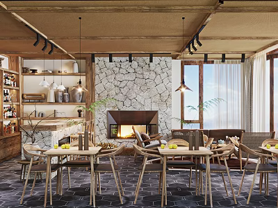 Elegant Rustic Hotel Lobby Interior With Stone Wall Fireplace Wooden Ceiling And Pendant Lights 3d model