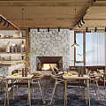 Elegant Rustic Hotel Lobby Interior With Stone Wall Fireplace Wooden Ceiling And Pendant Lights