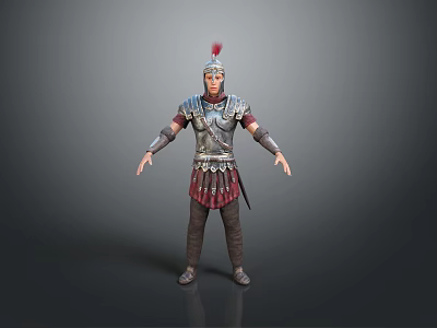 A Man Dressed As Roman Soldier In Traditional Armor Standing On Gray Background 3d model