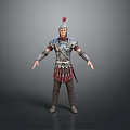 A Man Dressed As Roman Soldier In Traditional Armor Standing On Gray Background