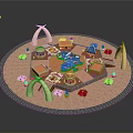 Circular Layout With Colorful Central Structure Small Pavilions White Arches Pink Ground And Green Plants