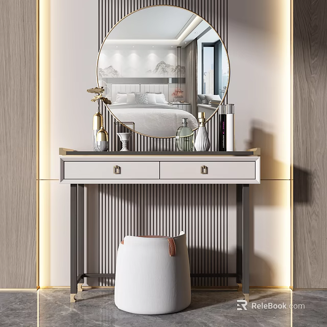 Elegant Modern Dressing Table Interior With Round Mirror Marble Top Drawers And Stool 3d model