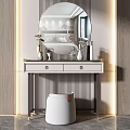 Elegant Modern Dressing Table Interior With Round Mirror Marble Top Drawers And Stool 3d model
