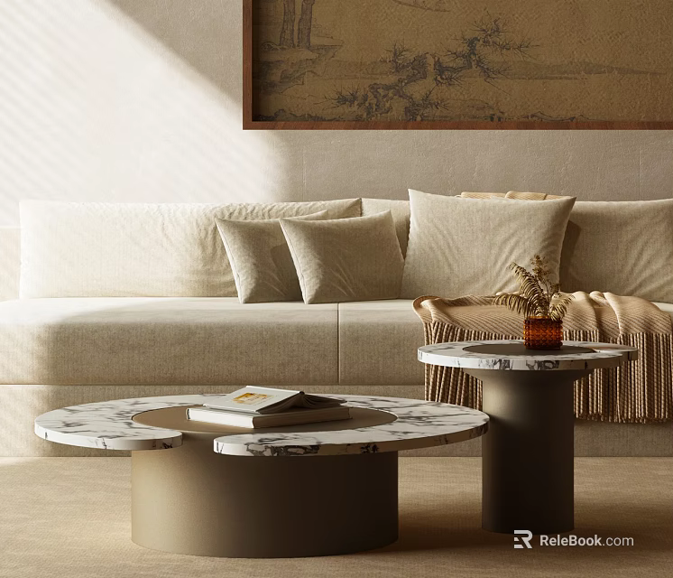 Modern Beige Sofa With Pillows Throw Blanket And Round Marble Coffee Table Set 3d model