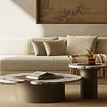 Modern Beige Sofa With Pillows Throw Blanket And Round Marble Coffee Table Set 3d model