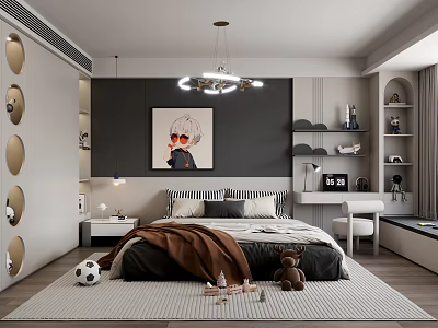Kids Room Interior Design With Bed Artwork Circular Wall Decor Soccer Ball And Stuffed Animal 3d model