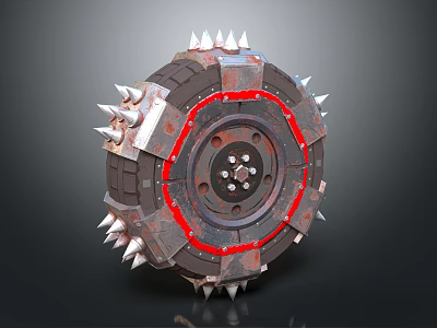 Spiked Heavy Duty Tire With Metal Rim Red Accent Lines And Rugged Design 3d model