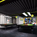Modern Billiard Room Interior Design With Multiple Tables Ceiling Strip Lights And Seating Area 3d model